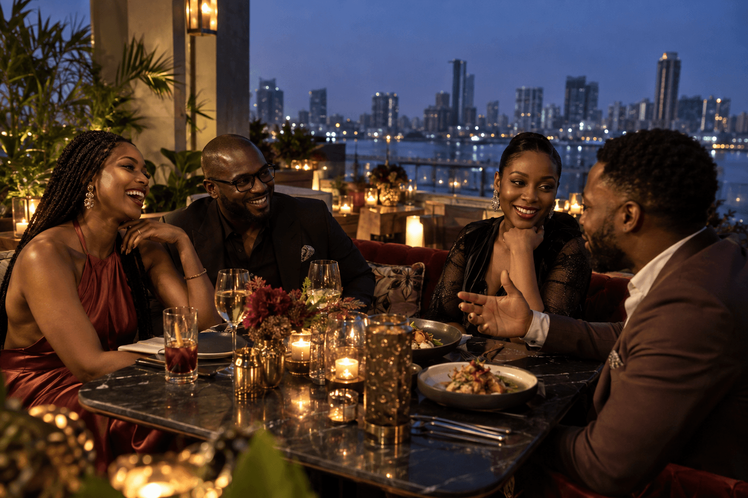 Illustrative evening dinner with adult friends on a Lagos rooftop