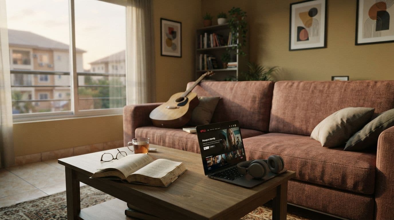An empty living room featuring a coffee table with an open book, glasses, laptop, and headphones, with a sofa and guitar in the background.