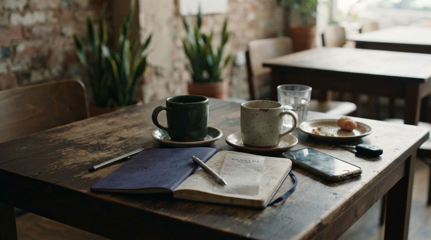 An empty wooden table in a cafe featuring two mugs of coffee, an open notebook with pens, a smartphone, a receipt, and a small plate with food.