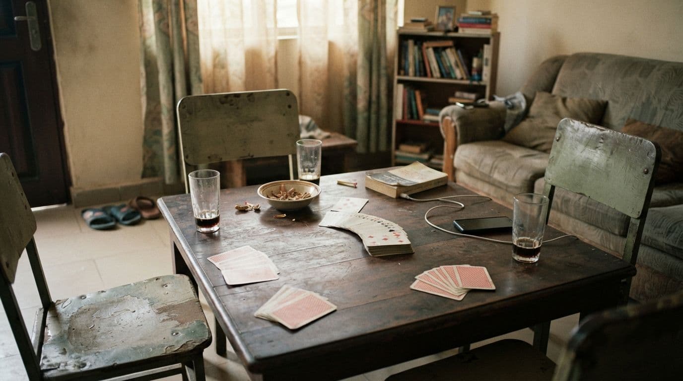 An indoor still life of a wooden table set up for a card game in a modest living room, with scattered playing cards, glasses, a bowl, a book, and surrounding chairs.
