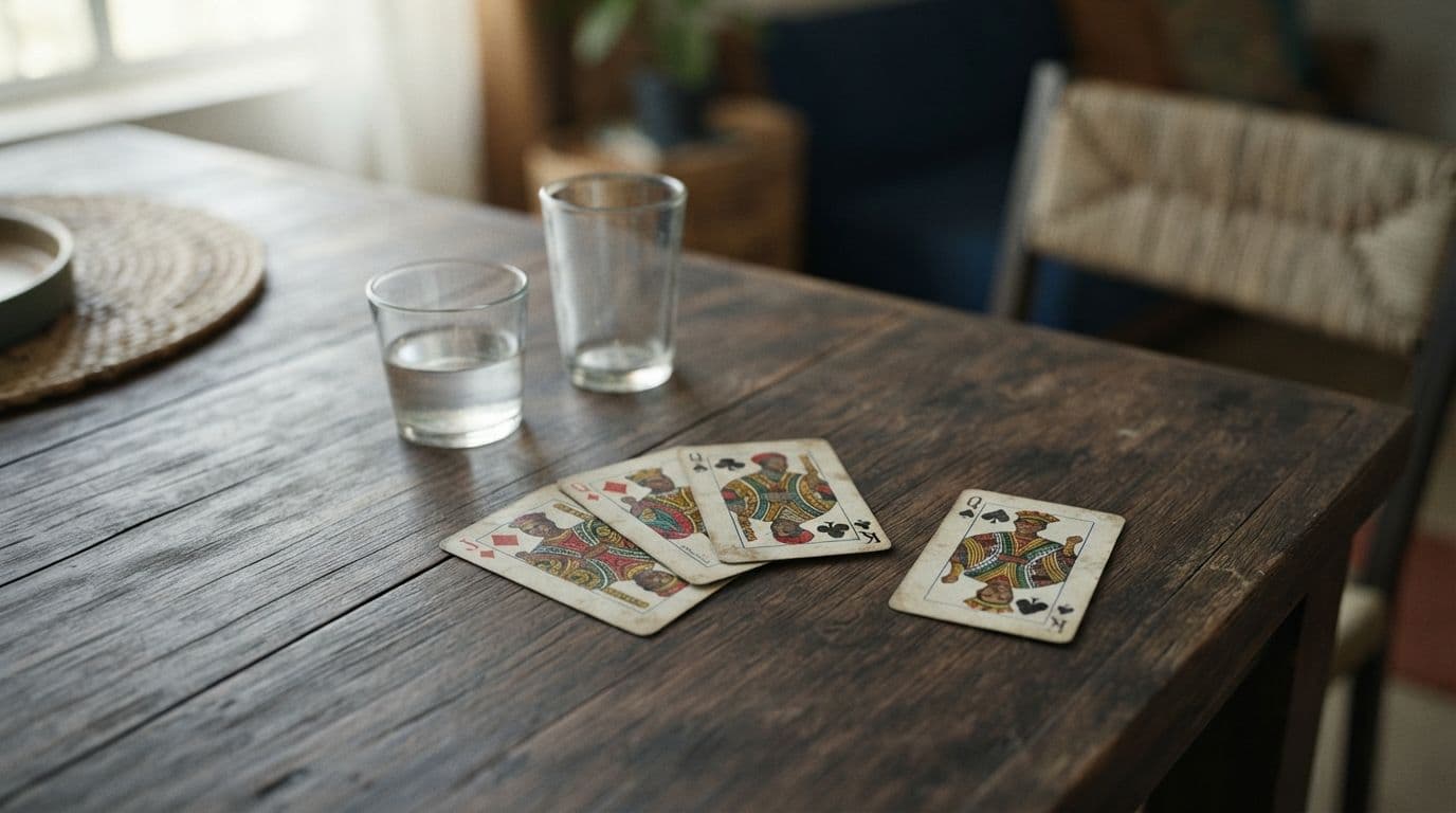 An empty wooden dining table featuring a few vintage playing cards laid out and two clear drinking glasses, one filled with water.
