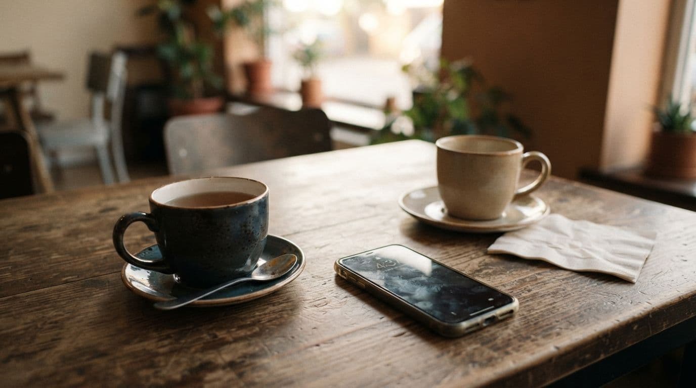 Two coffee cups, a spoon, and a smartphone resting on a rustic wooden table in a cafe with blurred plants in the background.