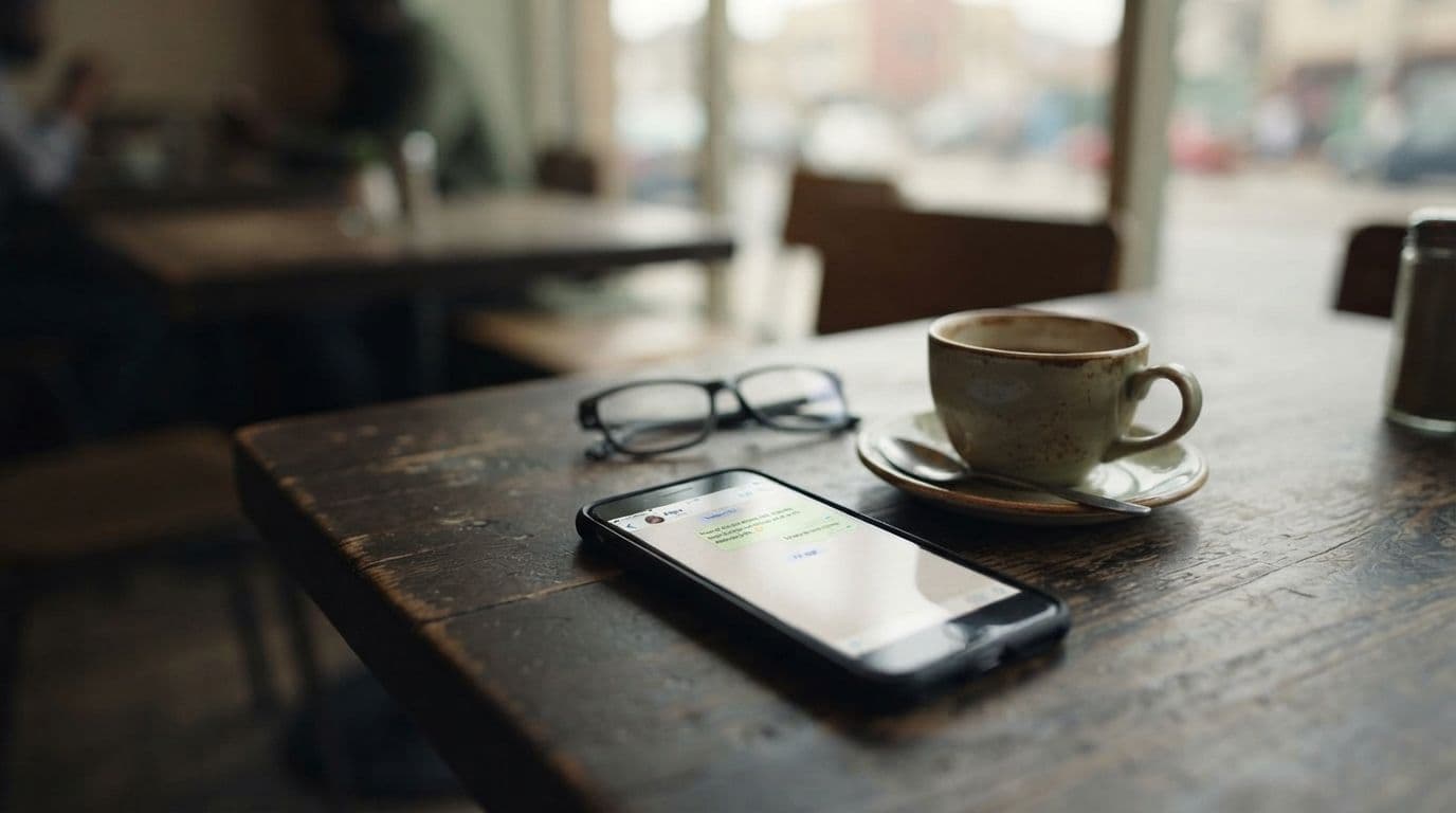 A smartphone, glasses, and a cup of coffee rest on a dark wooden table in a dimly lit cafe with blurred background seating.