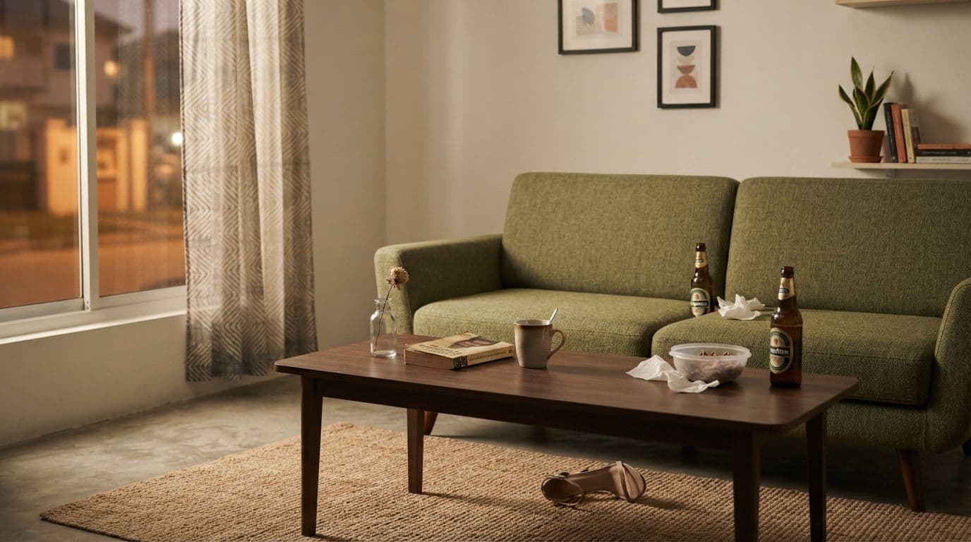 An empty living room featuring a green sofa, a dark wooden coffee table with a mug and beer bottles, and a large window with patterned curtains.
