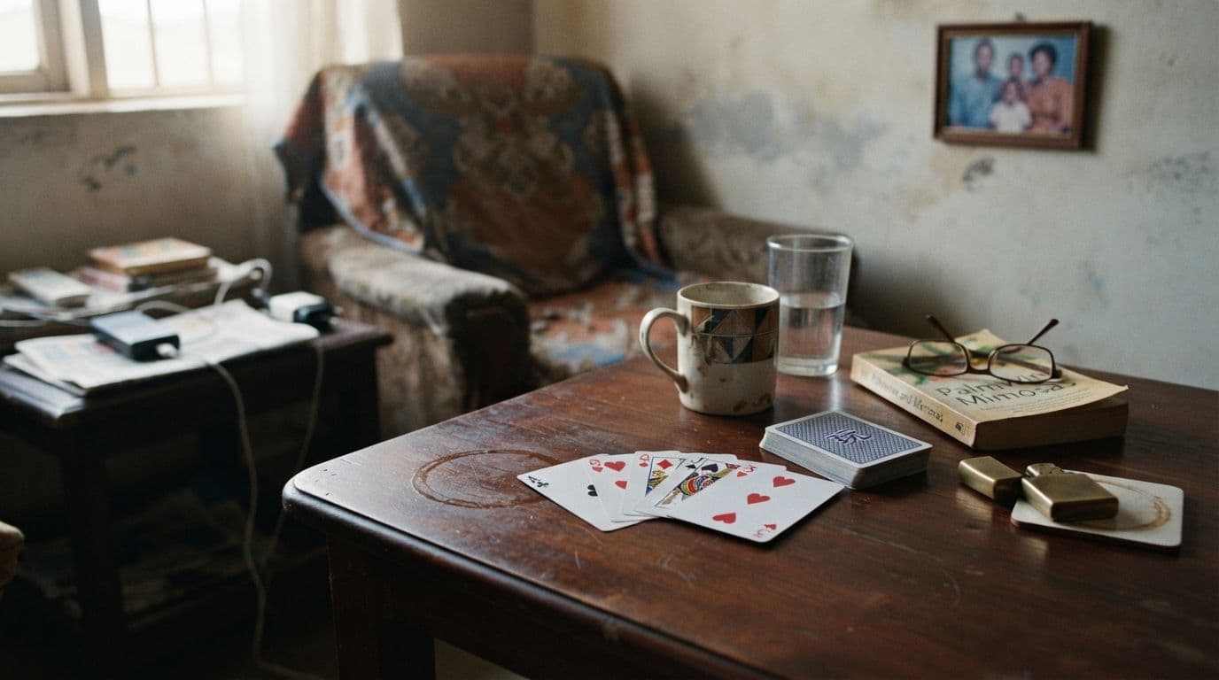 An illustration of a cluttered wooden coffee table featuring a fan of playing cards, a mug, a glass of water, a book, and glasses in a modest living room.