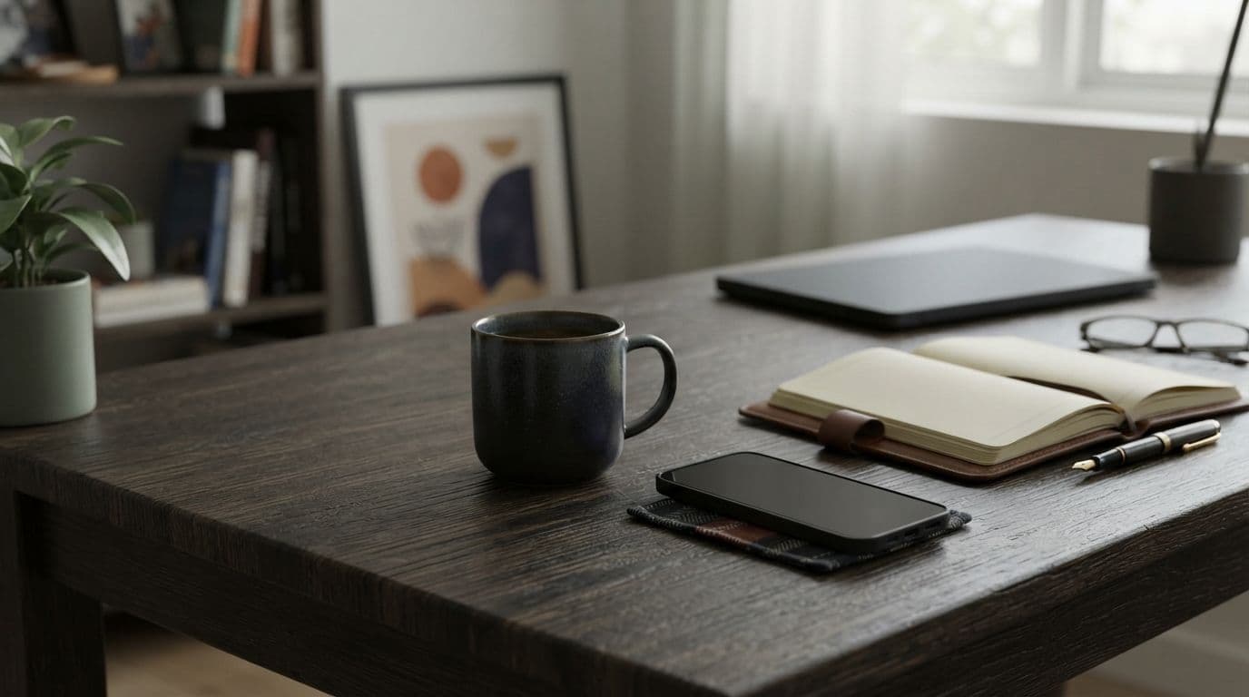 An illustration of a dark wooden desk with a ceramic mug, a smartphone, an open notebook, glasses, and a potted plant in a room.