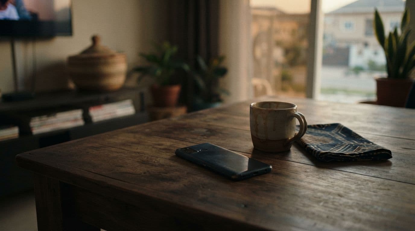 A smartphone lies face down on a wooden dining table next to a ceramic mug and a folded napkin, with a sunlit living room in the background.