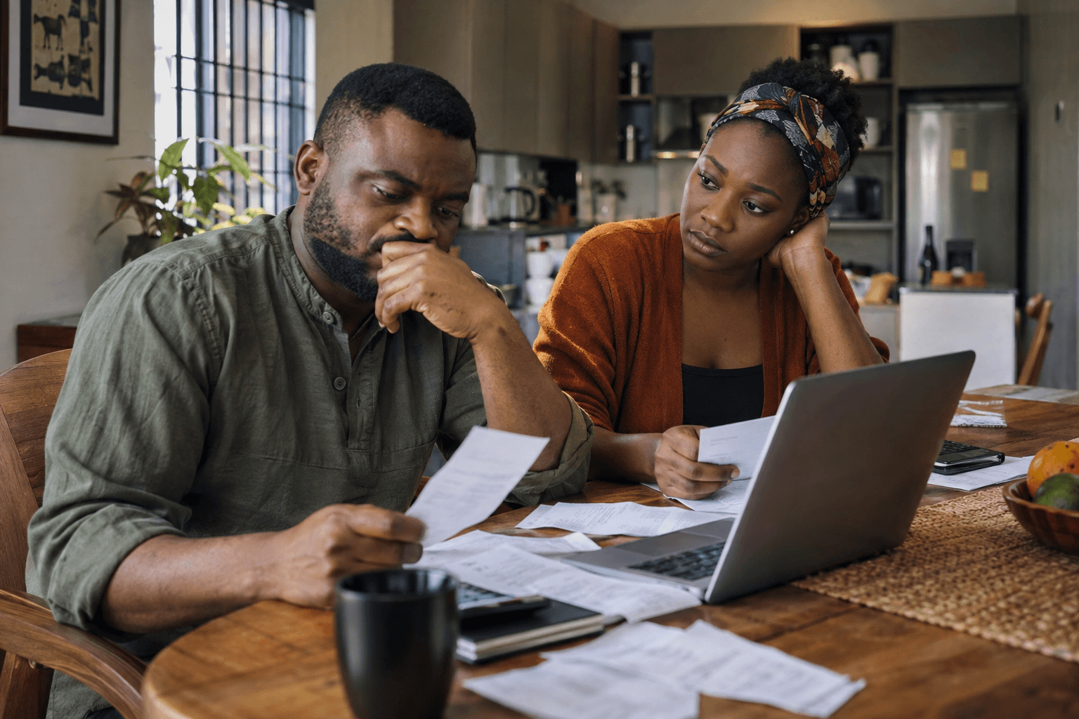 An adult Nigerian couple talking through their household budget.