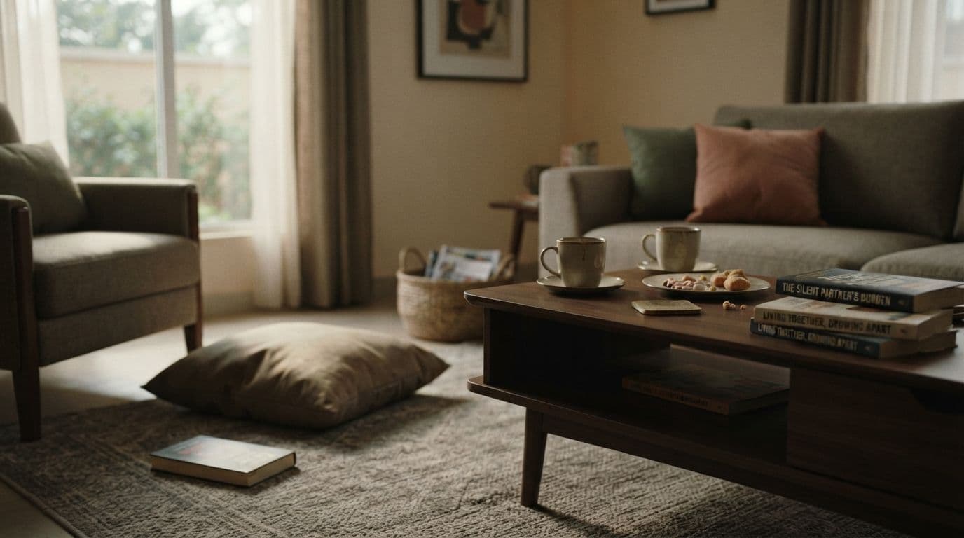 An illustration of a tidy living room with a sofa, armchair, coffee table holding mugs and books, and a floor cushion.