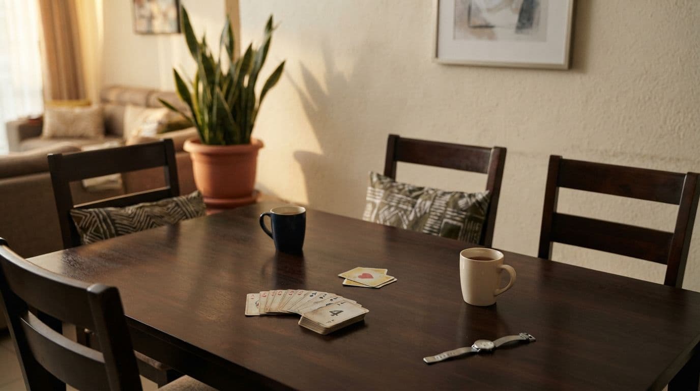 An illustration of a dark wood dining table with four chairs, featuring two mugs, a scattered deck of cards, and a wristwatch.