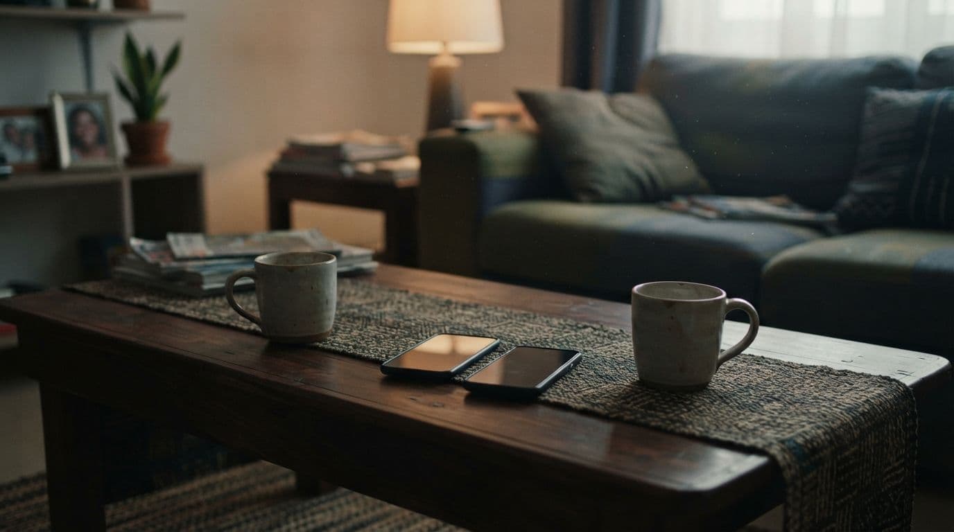 An interior still life illustration showing a wooden coffee table with two ceramic mugs and two smartphones lying side by side, with a living room sofa in the background.