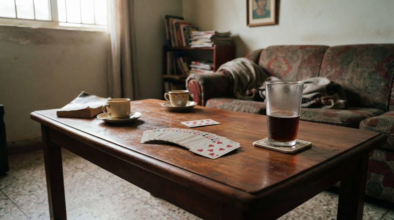 An interior shot of a living room with a wooden coffee table holding a fan of playing cards, a glass of dark liquid, cups, and a book, with a patterned sofa in the background.