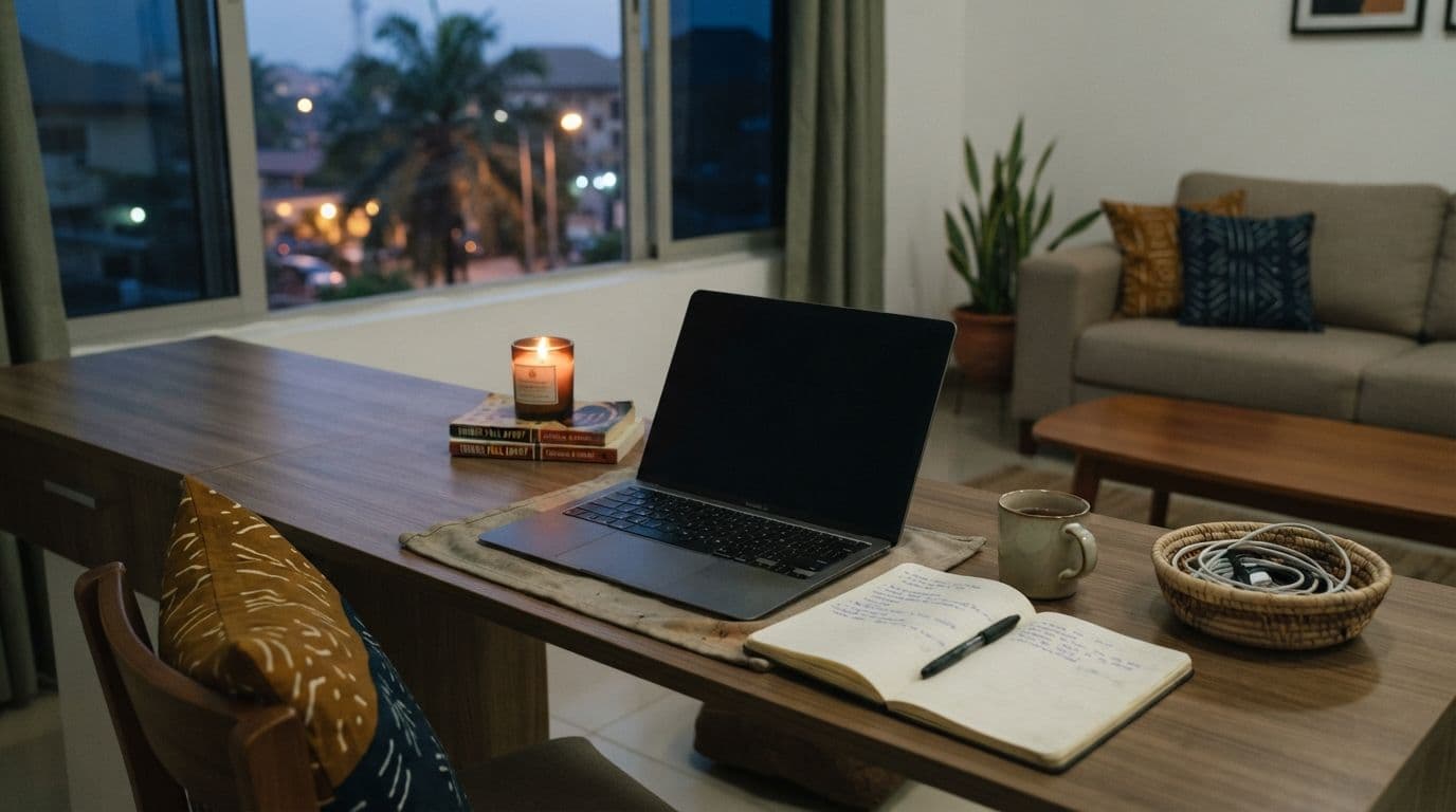 An open laptop, lit candle on books, notebook with pen, mug, and basket of cords sit on a wooden desk in a living room at dusk, with a couch and window in the background.