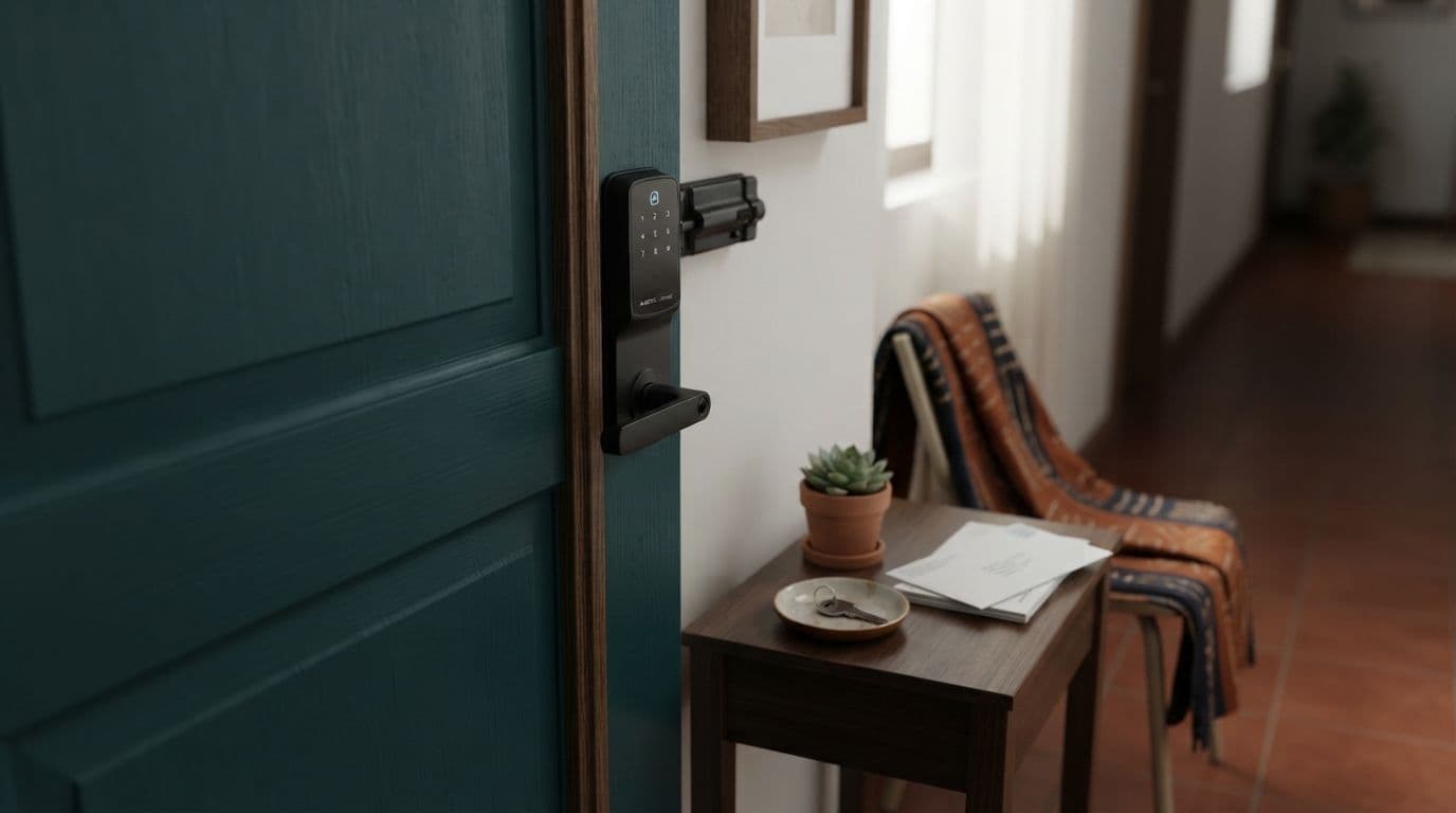 A close-up view of a teal front door with a digital keypad lock, opening to reveal a hallway with a small wooden side table holding a potted plant, keys, and mail.