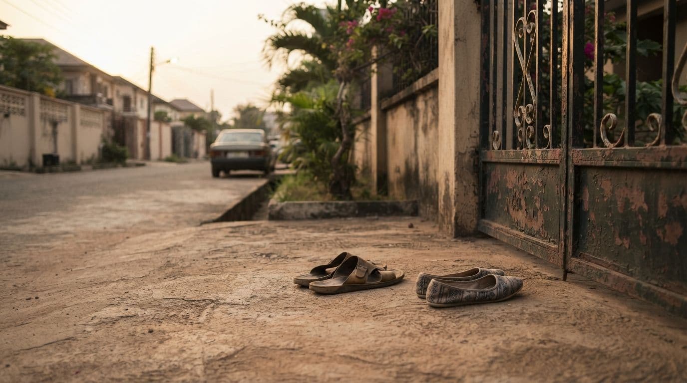 An illustration showing two pairs of shoes left on a porch outside a metal gate, with a quiet residential street and houses in the background.
