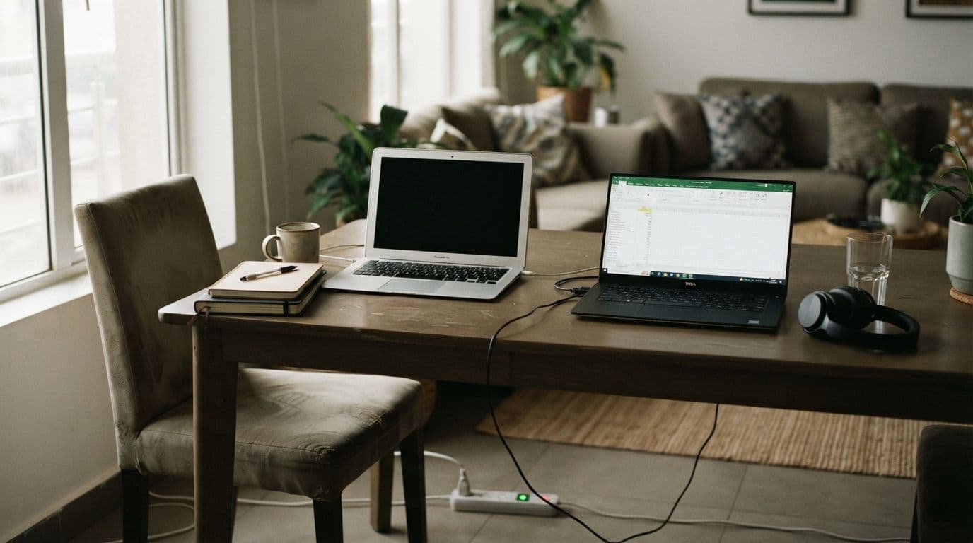 An empty wooden dining table set up as a shared workspace with two laptops, notebooks, headphones, and a power strip on the floor in a living room.