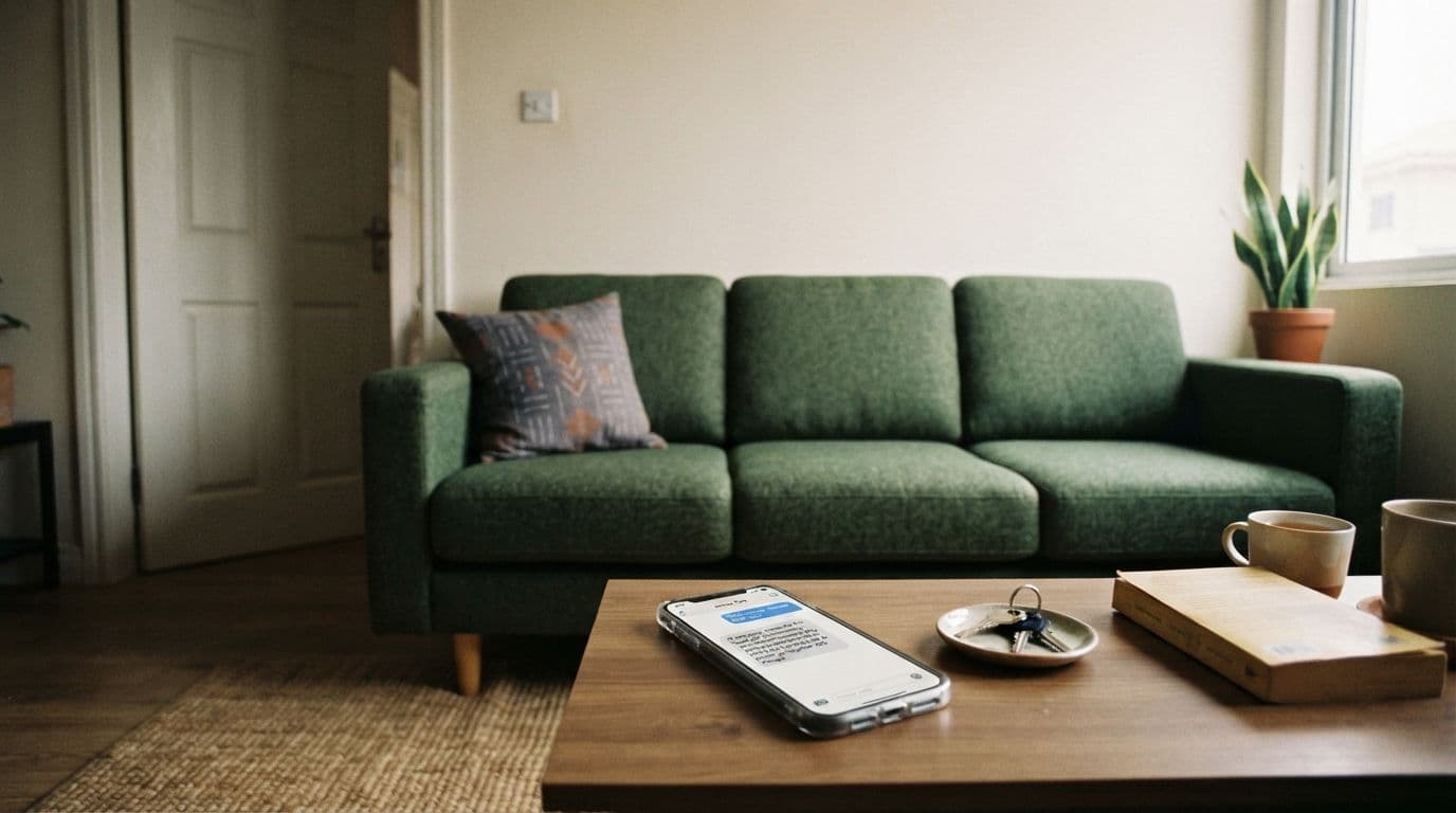 An interior shot of a living room with a green sofa, wooden coffee table holding a smartphone, keys, and a book.