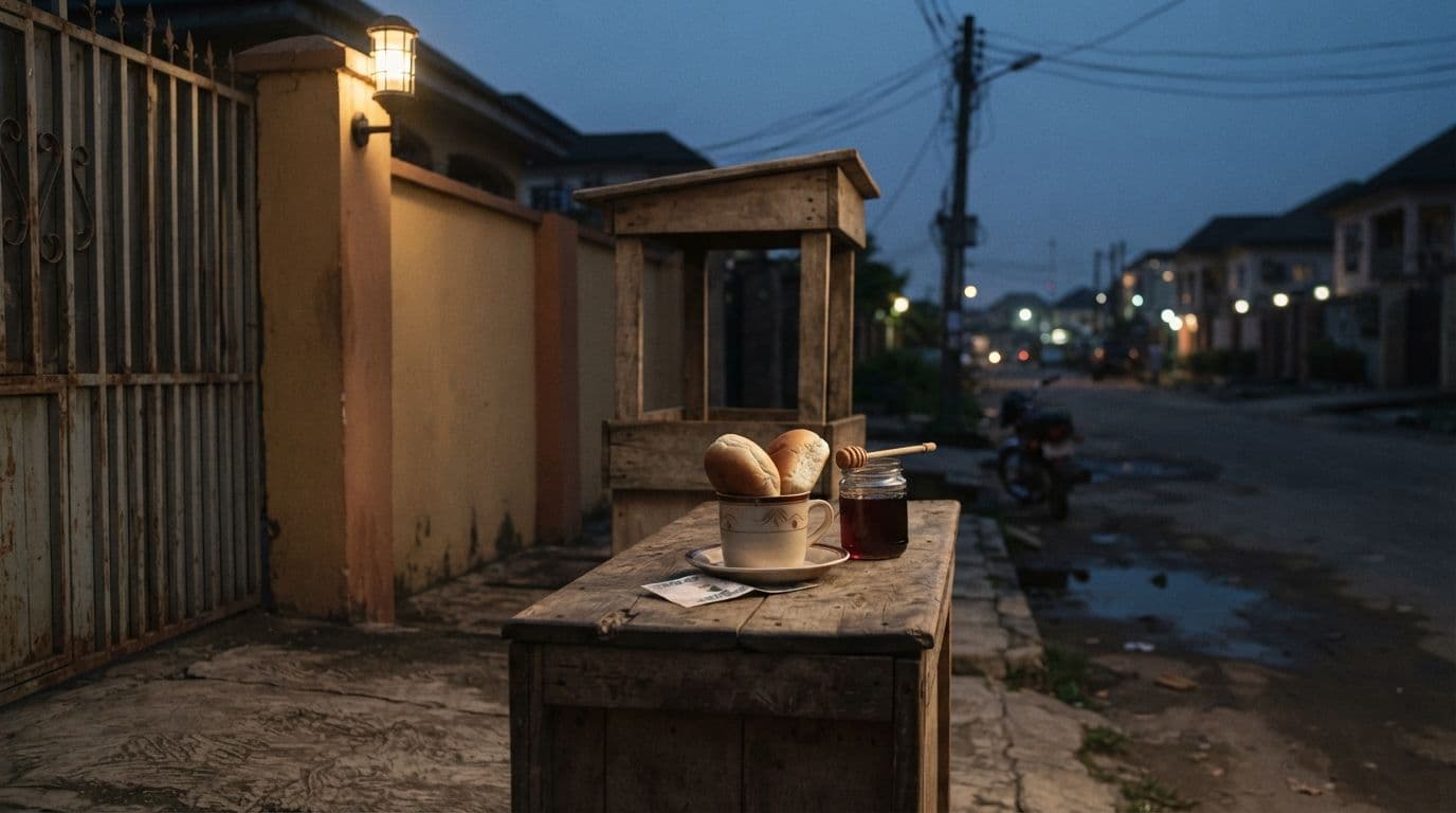An illustrated quiet evening street scene in front of a gate, featuring a small wooden table with a cup of bread and a jar of honey.