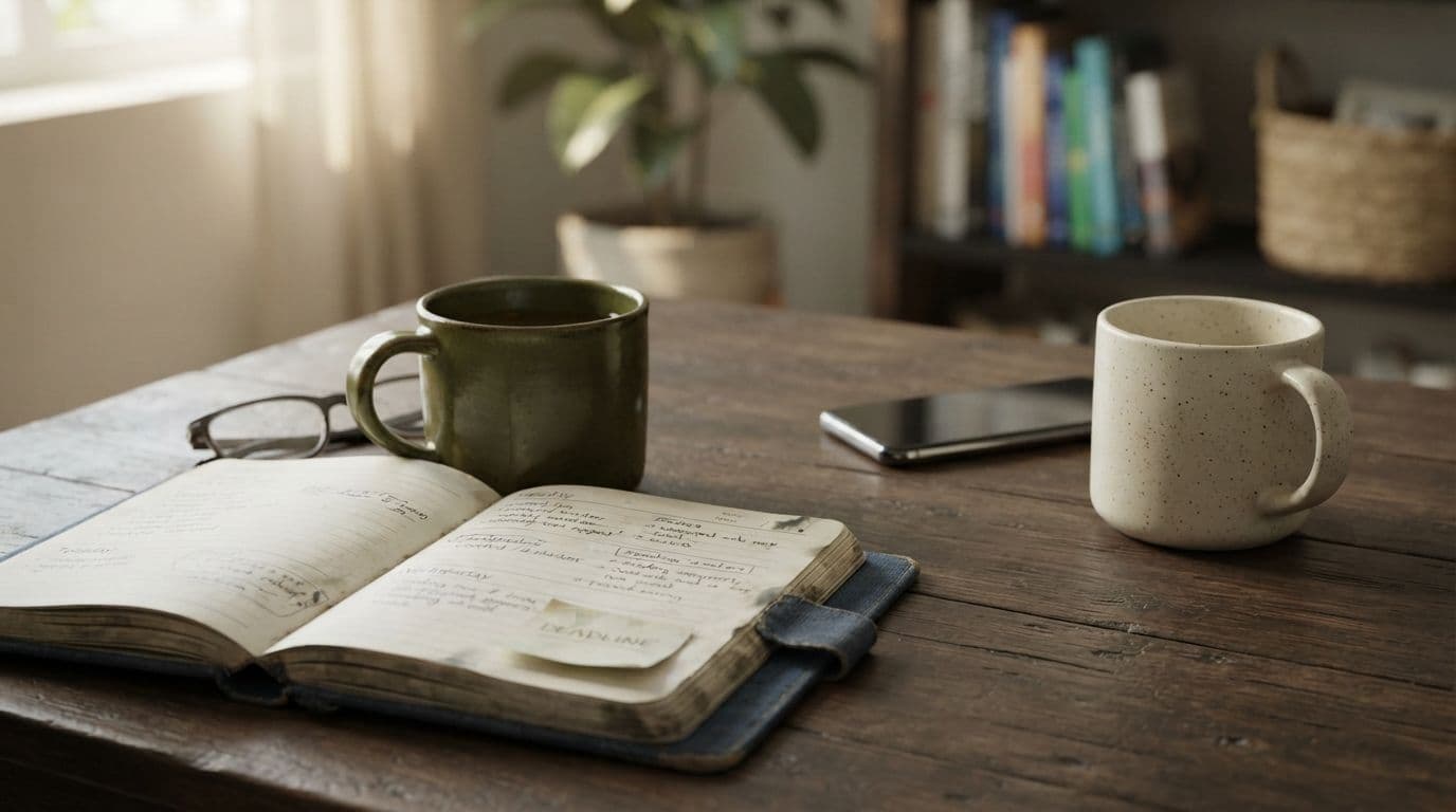 An open notebook with handwritten notes, two coffee mugs, and a smartphone on a wooden table inside a room.