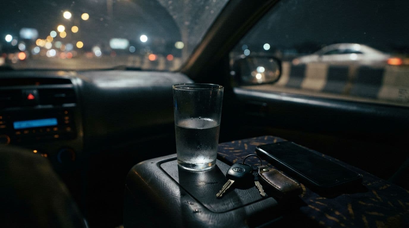 Interior view of a car at night, showing a glass of water, a set of car keys, and a smartphone resting on the center console with city lights blurred in the background.