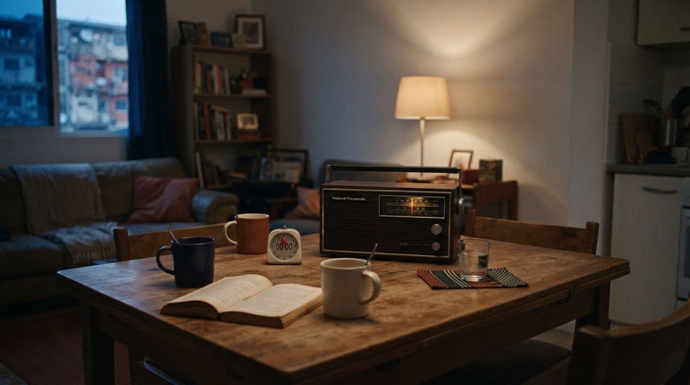 An illustration of a cozy apartment living room and dining table at dusk, featuring a vintage radio, an open book, mugs, and a small timer.