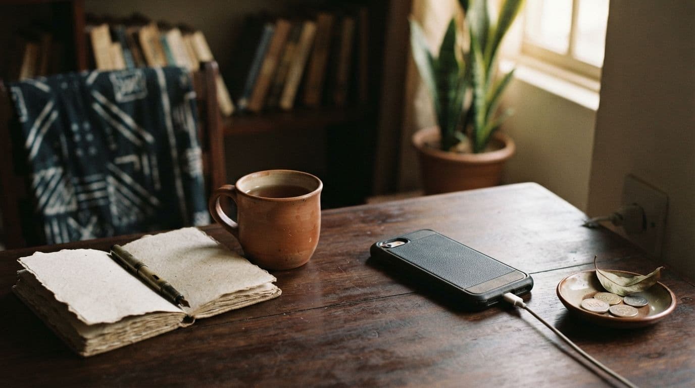 An illustrated still life of a wooden desk with an open journal, a pen, a mug, a charging smartphone, and a small dish with coins and a leaf.