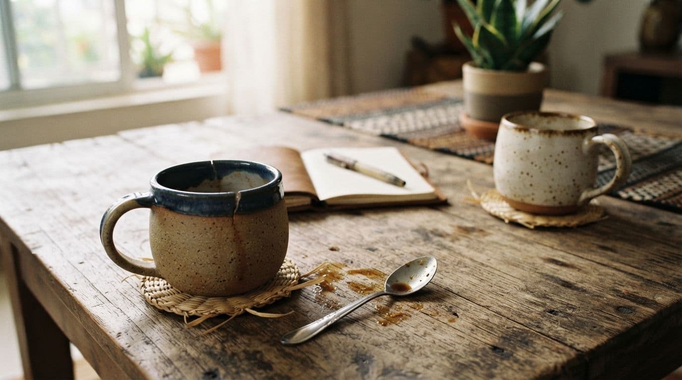An illustrative still life of a wooden dining table featuring two ceramic mugs, a spoon with coffee residue, and an open notebook with a pen.