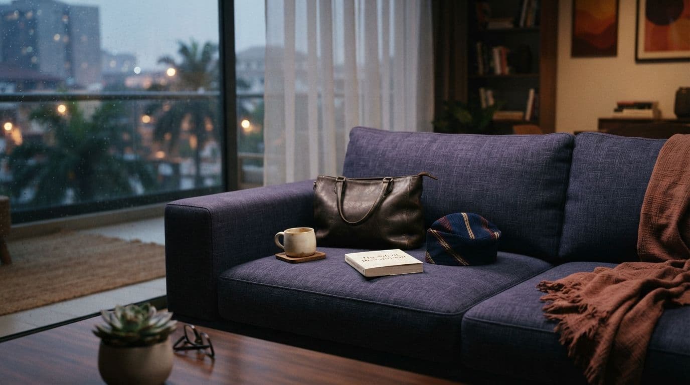 An illustration of a cozy living room with a purple sofa, a leather handbag, a coffee cup, a book, and a cap resting on it, overlooking a city skyline at dusk.