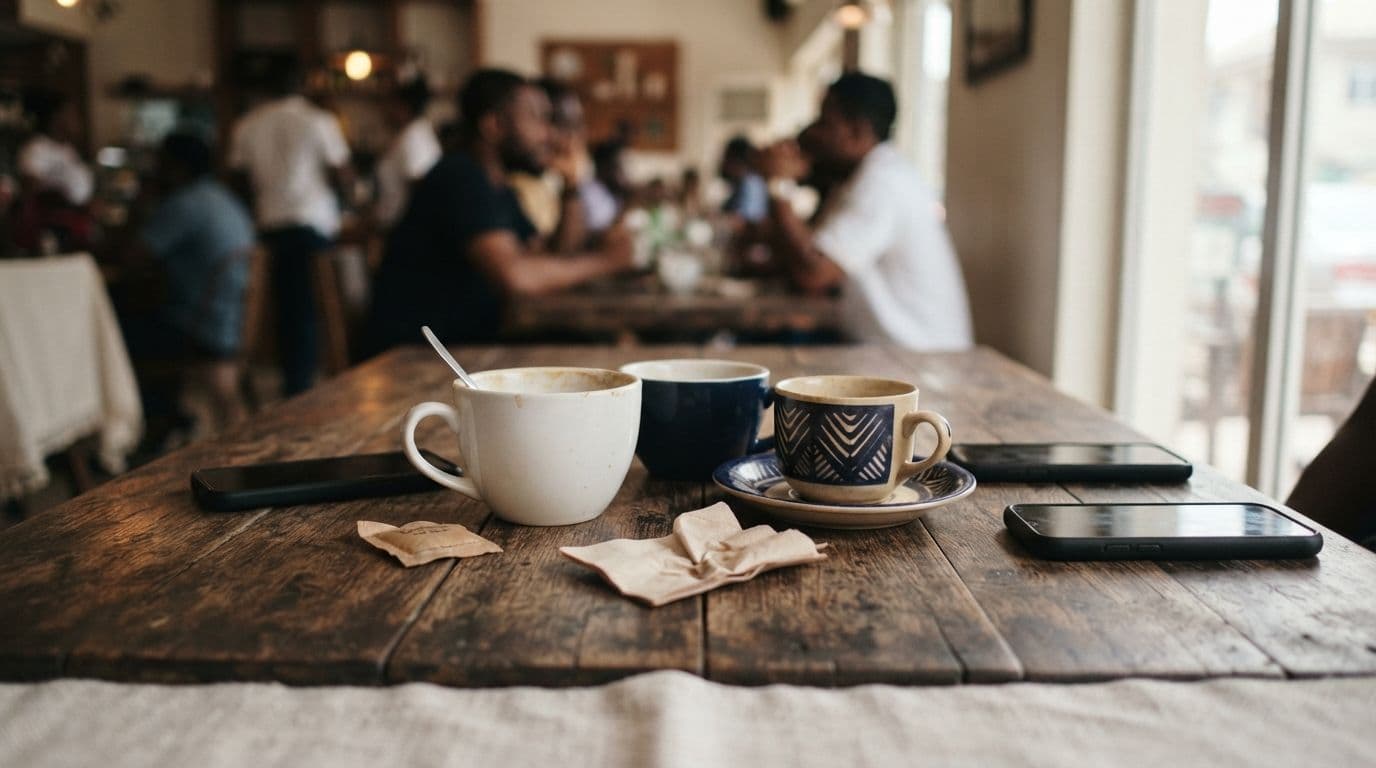 A wooden table in a cafe holds three coffee cups, sugar packets, crumpled napkins, and three smartphones, with blurred patrons in the background.