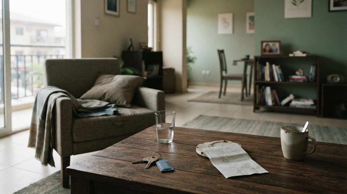An empty living room featuring a wooden coffee table with keys, a glass of water, a mug, and a lined piece of paper, with an armchair and bookshelf in the background.