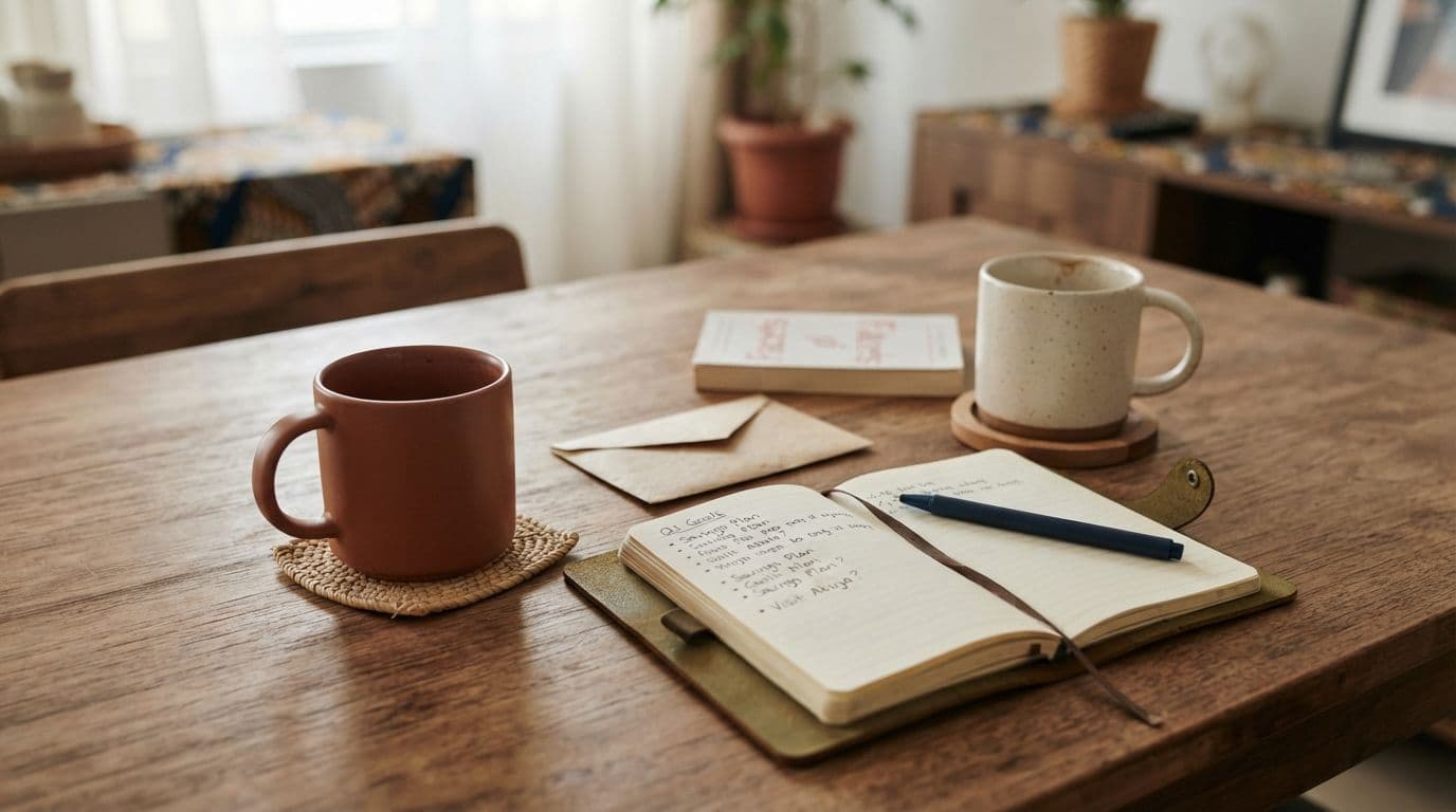 An open notebook with handwritten notes, a pen, two coffee mugs, and an envelope on a wooden table in a brightly lit room.