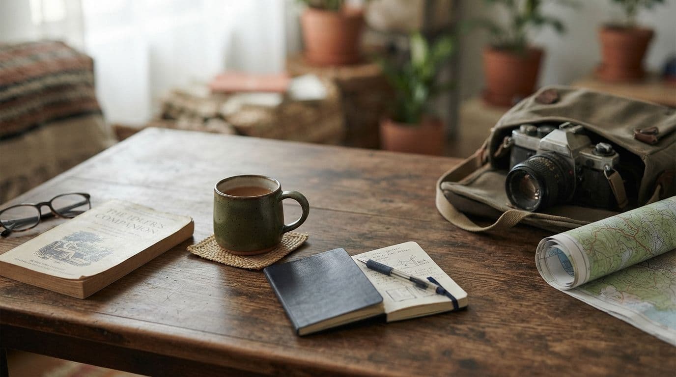 An illustration of a wooden table holding a mug of tea, glasses, an open book, a closed notebook with a pen, a rolled-up map, and a camera inside an open canvas bag.
