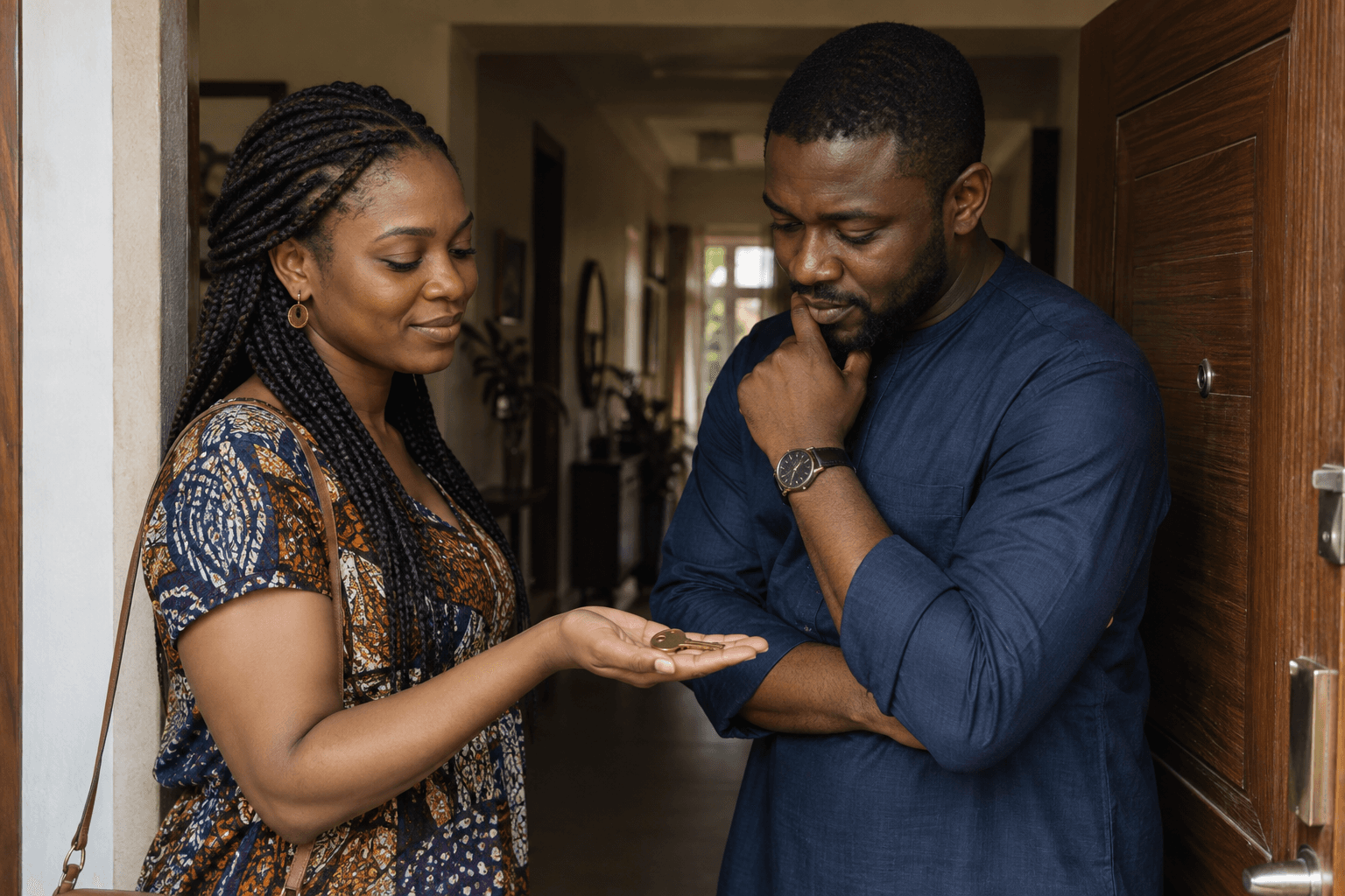 A set of apartment keys between two adults having a quiet conversation.