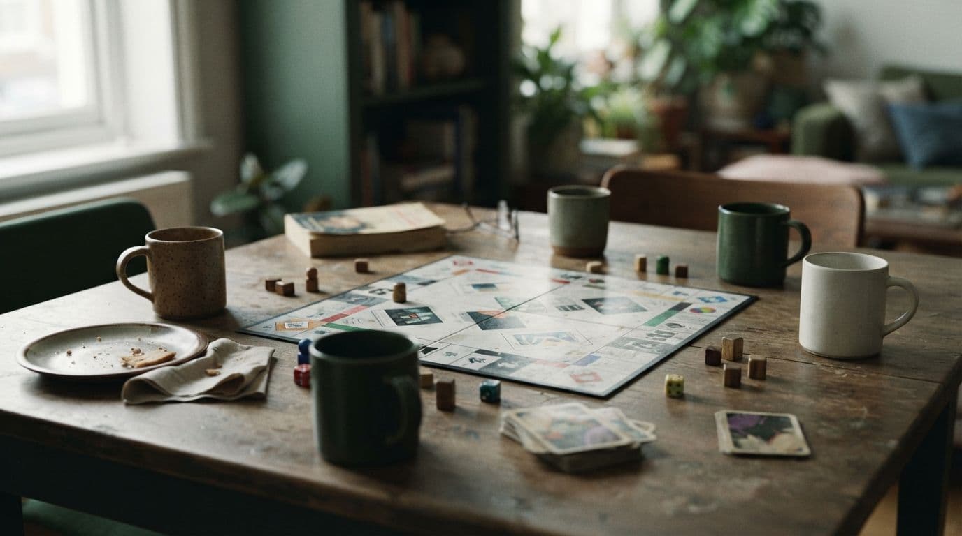An overhead shot of a wooden table set up for a board game with multiple mugs, scattered playing pieces, cards, and an empty plate with crumbs.