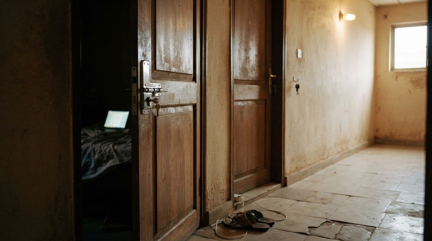 An interior shot of a hallway with wooden doors, tiled flooring, and a glimpse of a bed with a laptop inside a dark room.