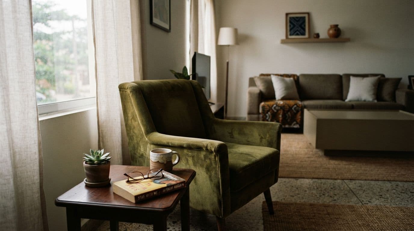 An empty living room featuring a green armchair, a small wooden side table with a book, glasses, and a mug, and a sofa in the background.
