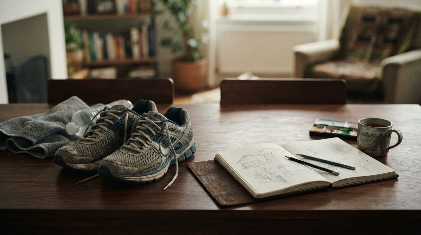 An illustration showing a wooden table with running shoes, a towel, and a water bottle on the left, and a sketchbook, pencils, and a mug on the right.