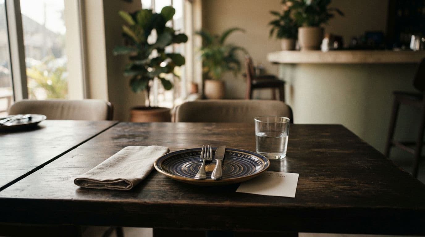 An empty wooden restaurant table set with a single patterned plate, silverware, a glass of water, and a folded napkin.
